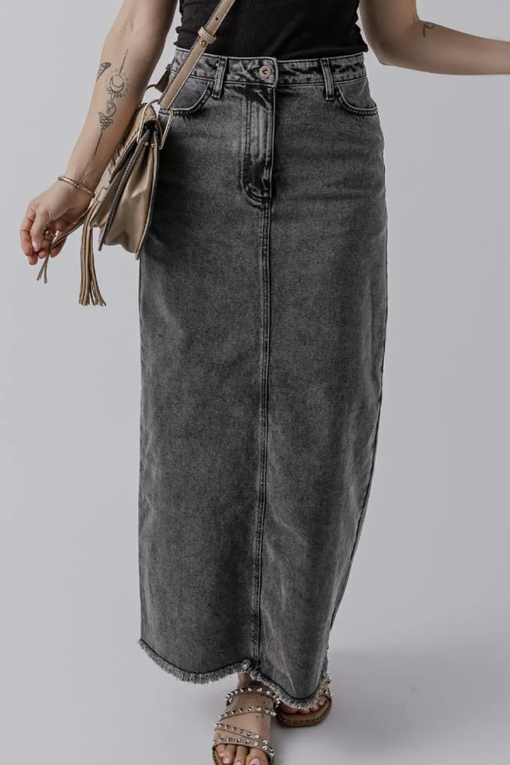Clearance Dear-Lover Denim Raw Hem Back Split High Waist Long Skirt Dark Grey