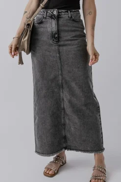 Clearance Dear-Lover Denim Raw Hem Back Split High Waist Long Skirt Dark Grey