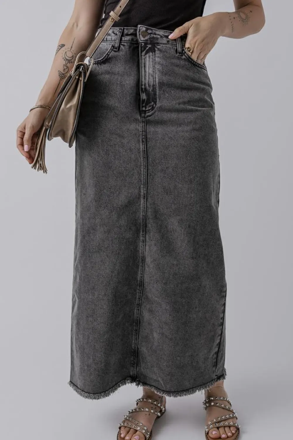 Clearance Dear-Lover Denim Raw Hem Back Split High Waist Long Skirt Dark Grey