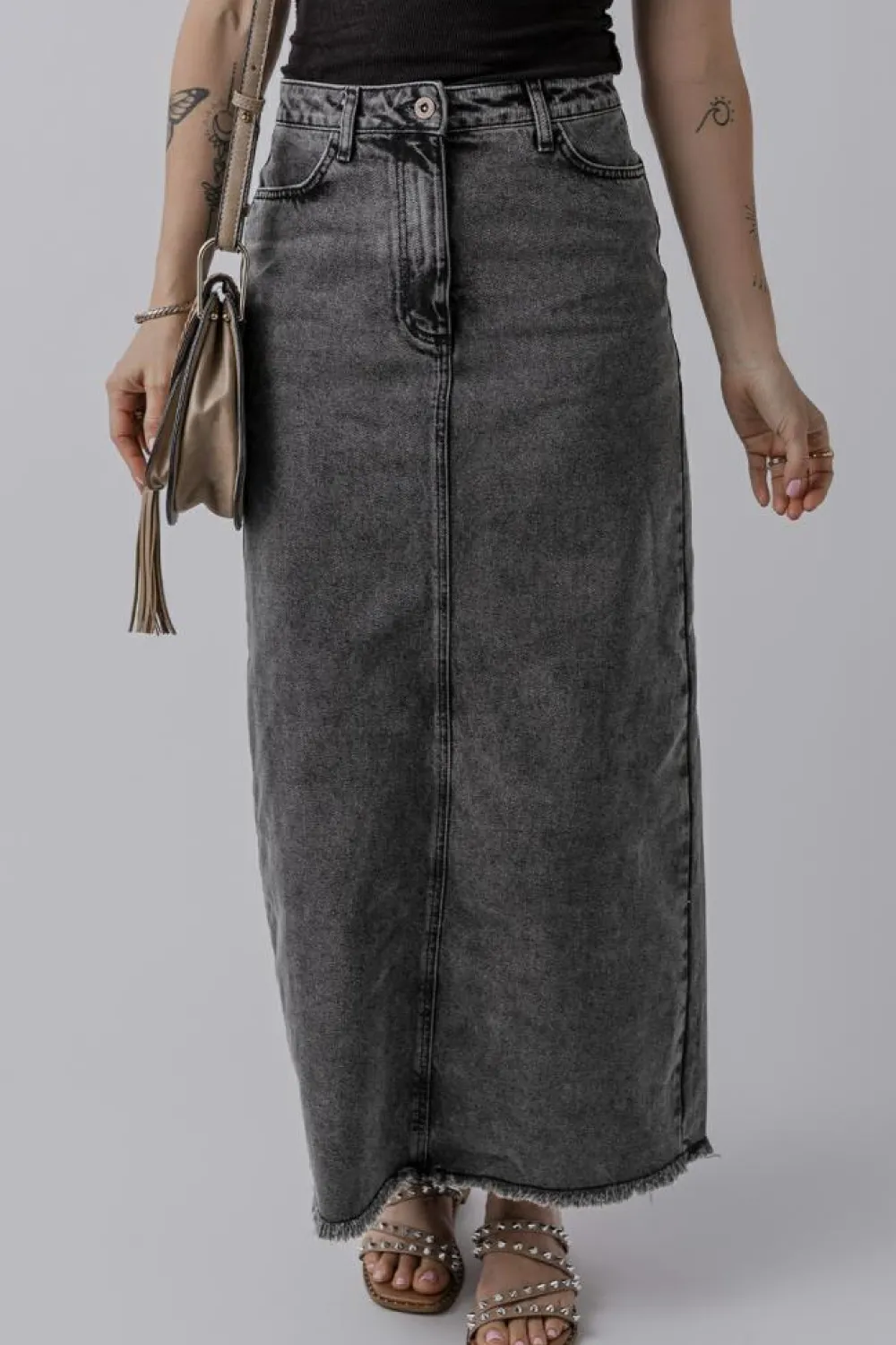 Clearance Dear-Lover Denim Raw Hem Back Split High Waist Long Skirt Dark Grey