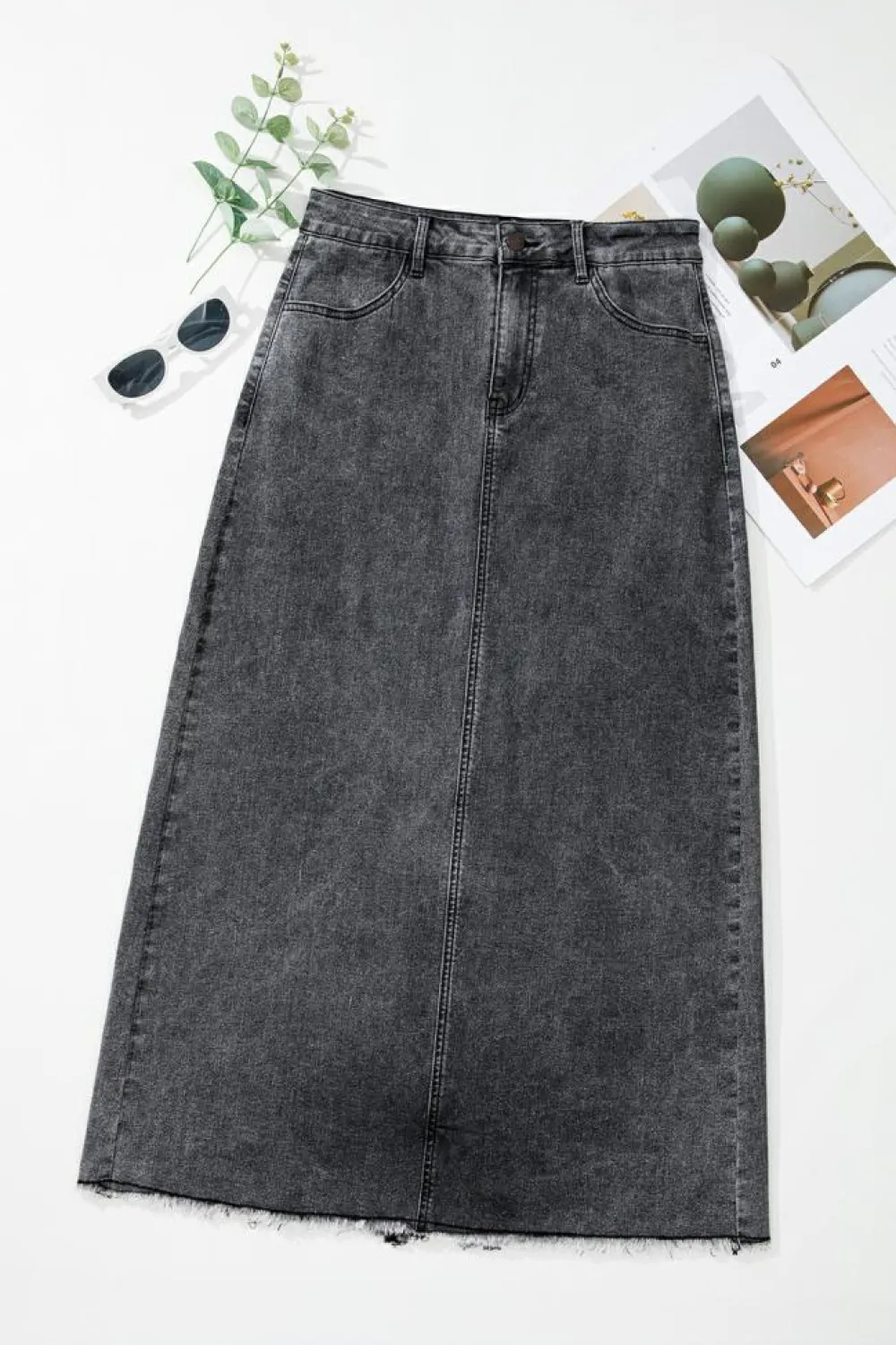 Clearance Dear-Lover Denim Raw Hem Back Split High Waist Long Skirt Dark Grey