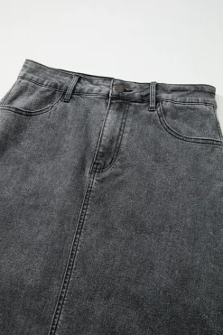 Clearance Dear-Lover Denim Raw Hem Back Split High Waist Long Skirt Dark Grey