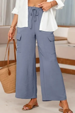 Sale Dear-Lover Drawstring Frilled Waist Wide Leg Utility Trousers Dark Grey