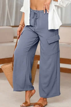 Sale Dear-Lover Drawstring Frilled Waist Wide Leg Utility Trousers Dark Grey