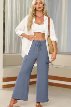 Sale Dear-Lover Drawstring Frilled Waist Wide Leg Utility Trousers Dark Grey