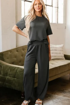 Sale Dear-Lover Drawstring Side Crewneck Tee and Loose Pants Set Dark Grey