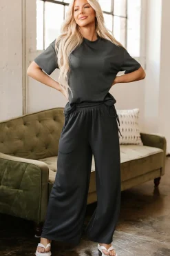 Sale Dear-Lover Drawstring Side Crewneck Tee and Loose Pants Set Dark Grey