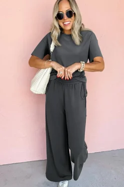 Sale Dear-Lover Drawstring Side Crewneck Tee and Loose Pants Set Dark Grey