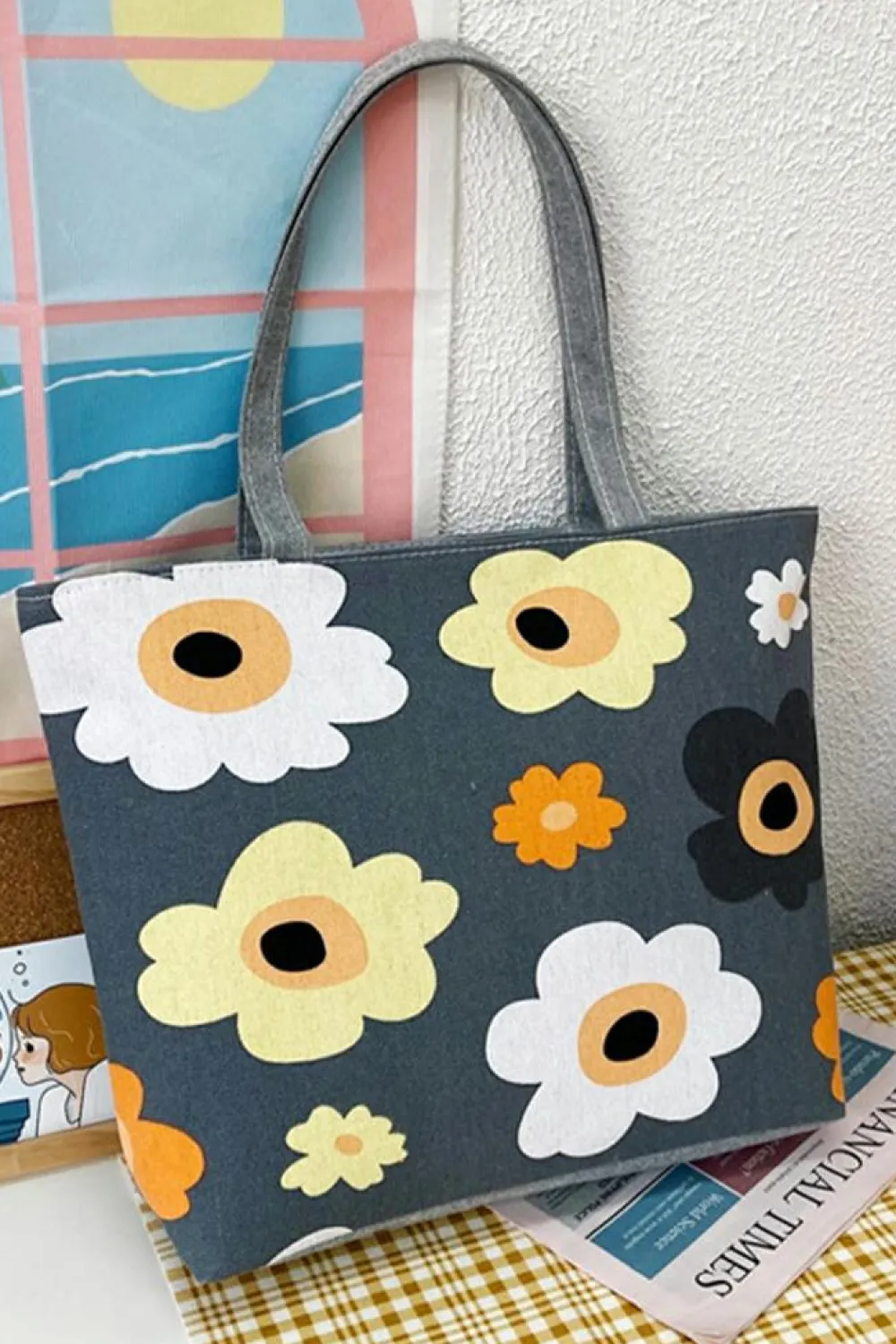 Best Dear-Lover Flower Print Canvas Zipper Large Tote Bag Dark Grey