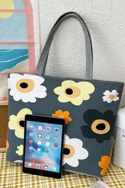 Best Dear-Lover Flower Print Canvas Zipper Large Tote Bag Dark Grey
