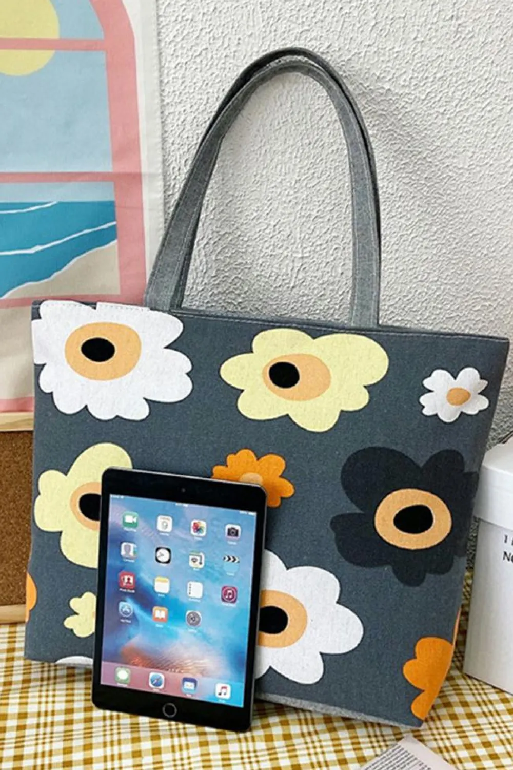 Best Dear-Lover Flower Print Canvas Zipper Large Tote Bag Dark Grey