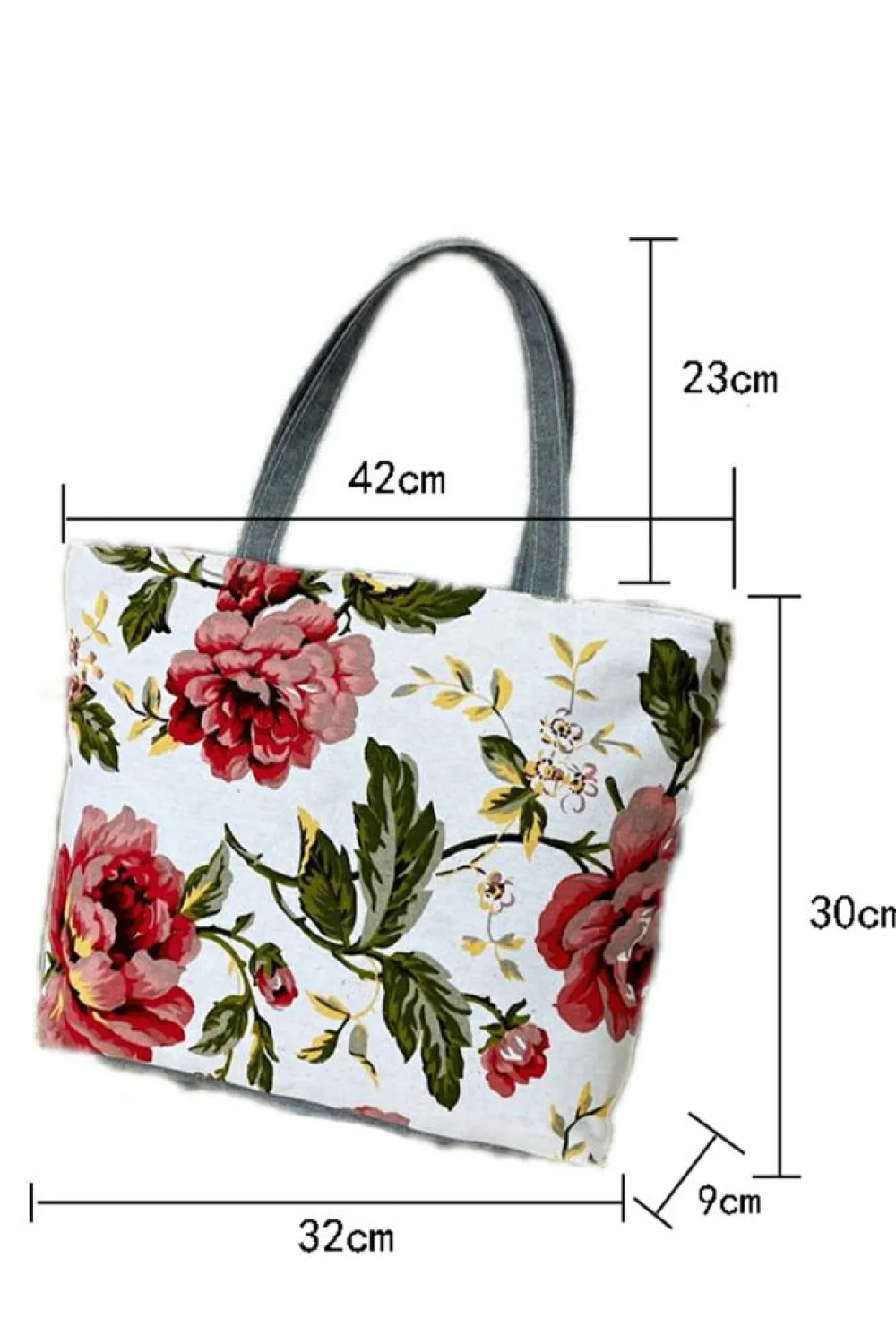 Best Dear-Lover Flower Print Canvas Zipper Large Tote Bag Dark Grey
