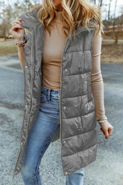 Fashion Dear-Lover Hooded Long Quilted Vest Coat Dark Grey