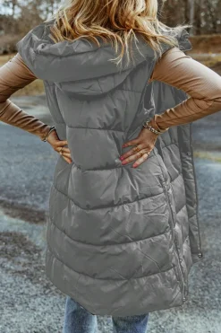 Fashion Dear-Lover Hooded Long Quilted Vest Coat Dark Grey