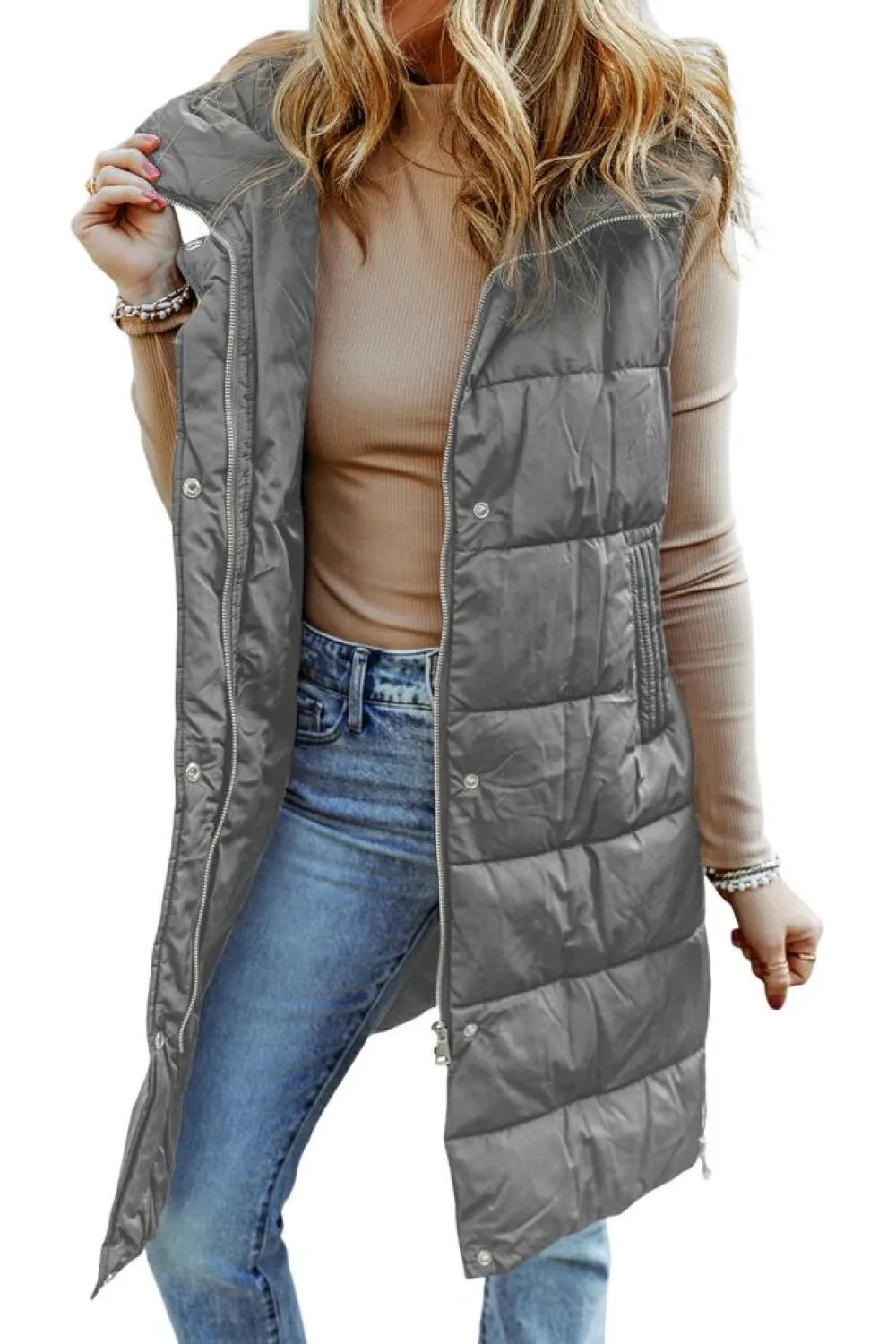 Fashion Dear-Lover Hooded Long Quilted Vest Coat Dark Grey
