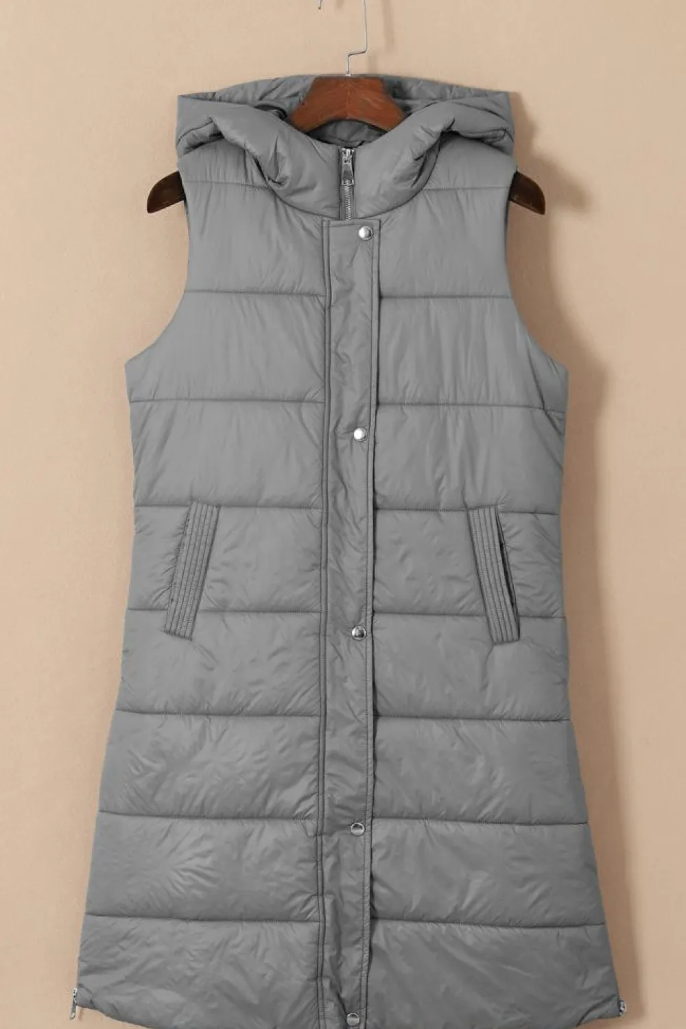 Fashion Dear-Lover Hooded Long Quilted Vest Coat Dark Grey