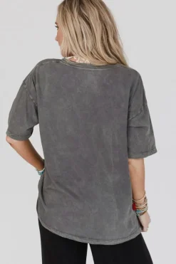 Sale Dear-Lover Kindness Butterflies Graphic Mineral Wash Loose Tee Dark Grey
