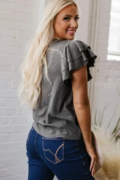 Online Dear-Lover Layered Ruffle Short Sleeve Round Neck Top Dark Grey