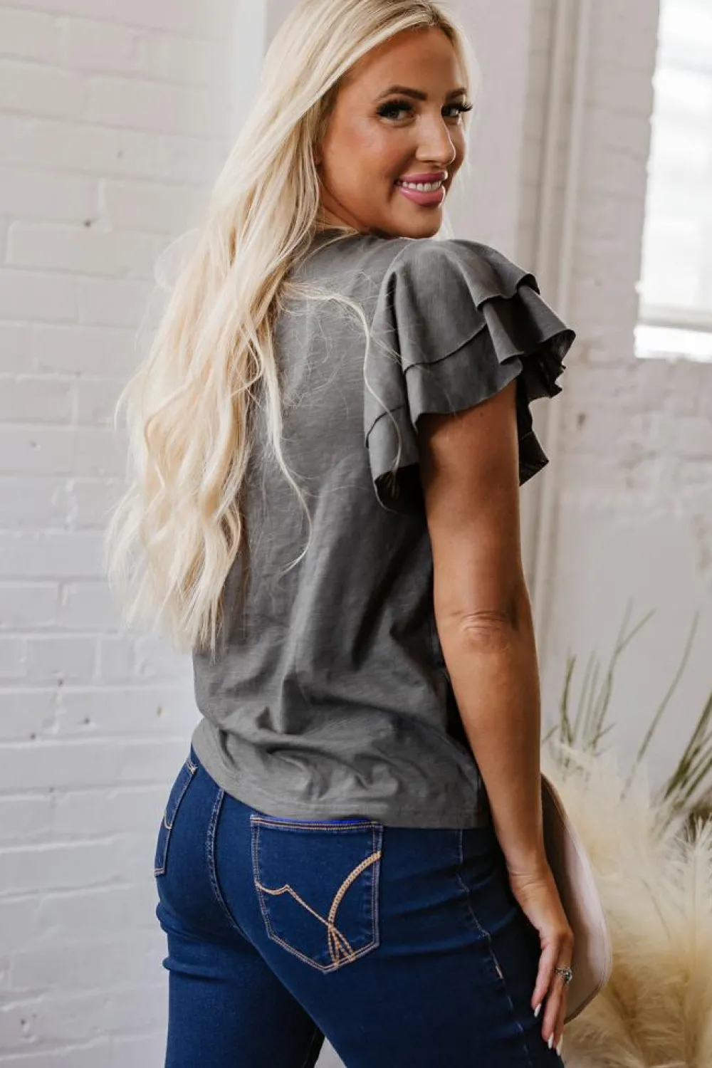 Online Dear-Lover Layered Ruffle Short Sleeve Round Neck Top Dark Grey