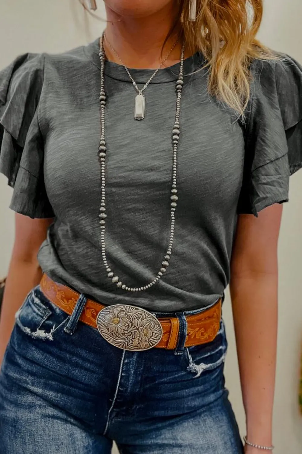 Online Dear-Lover Layered Ruffle Short Sleeve Round Neck Top Dark Grey