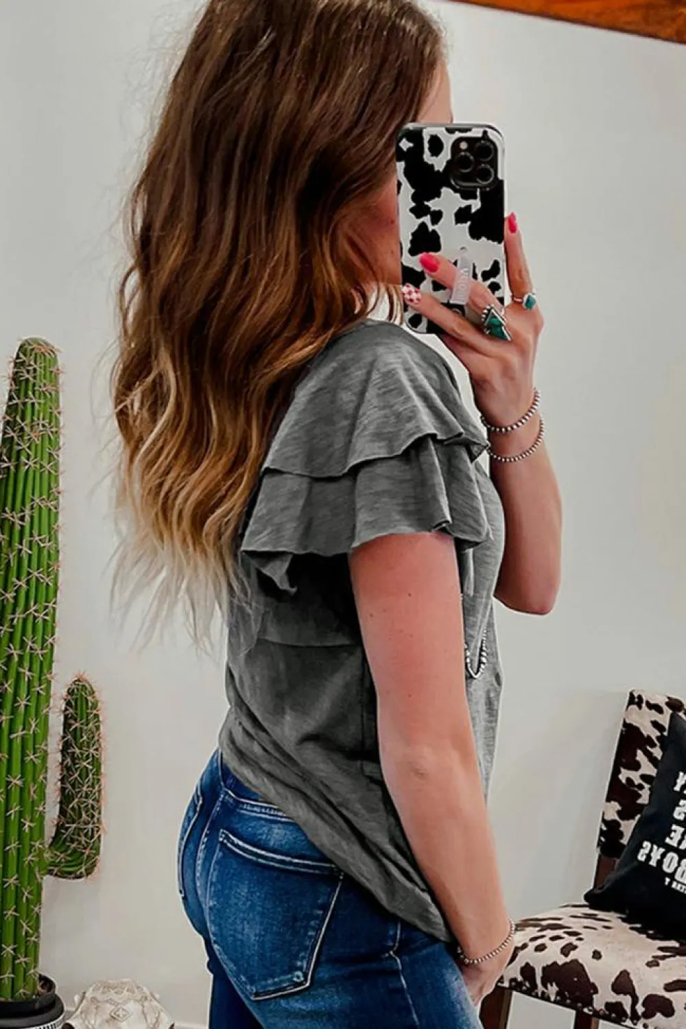 Online Dear-Lover Layered Ruffle Short Sleeve Round Neck Top Dark Grey