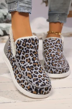 Sale Dear-Lover Leopard Print Ankle Patched Flat Winter Fur Boots Dark Grey
