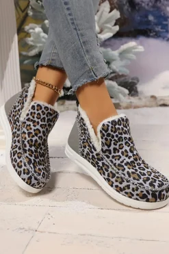 Sale Dear-Lover Leopard Print Ankle Patched Flat Winter Fur Boots Dark Grey