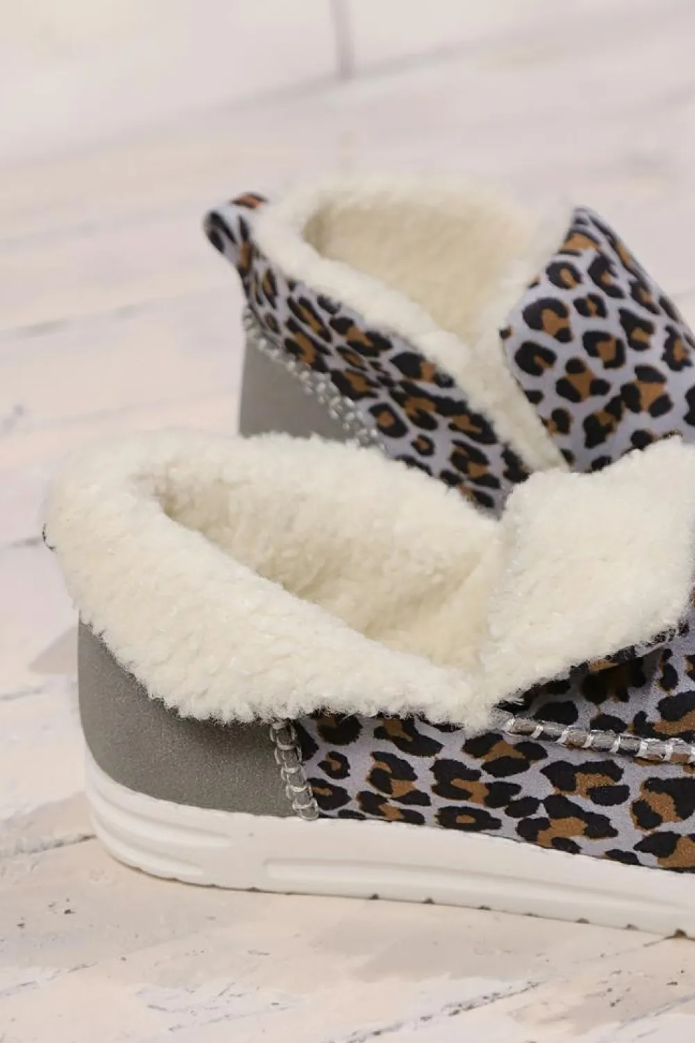 Sale Dear-Lover Leopard Print Ankle Patched Flat Winter Fur Boots Dark Grey