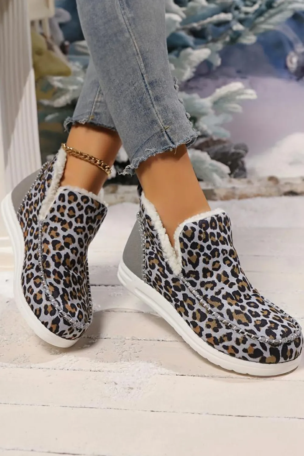 Sale Dear-Lover Leopard Print Ankle Patched Flat Winter Fur Boots Dark Grey