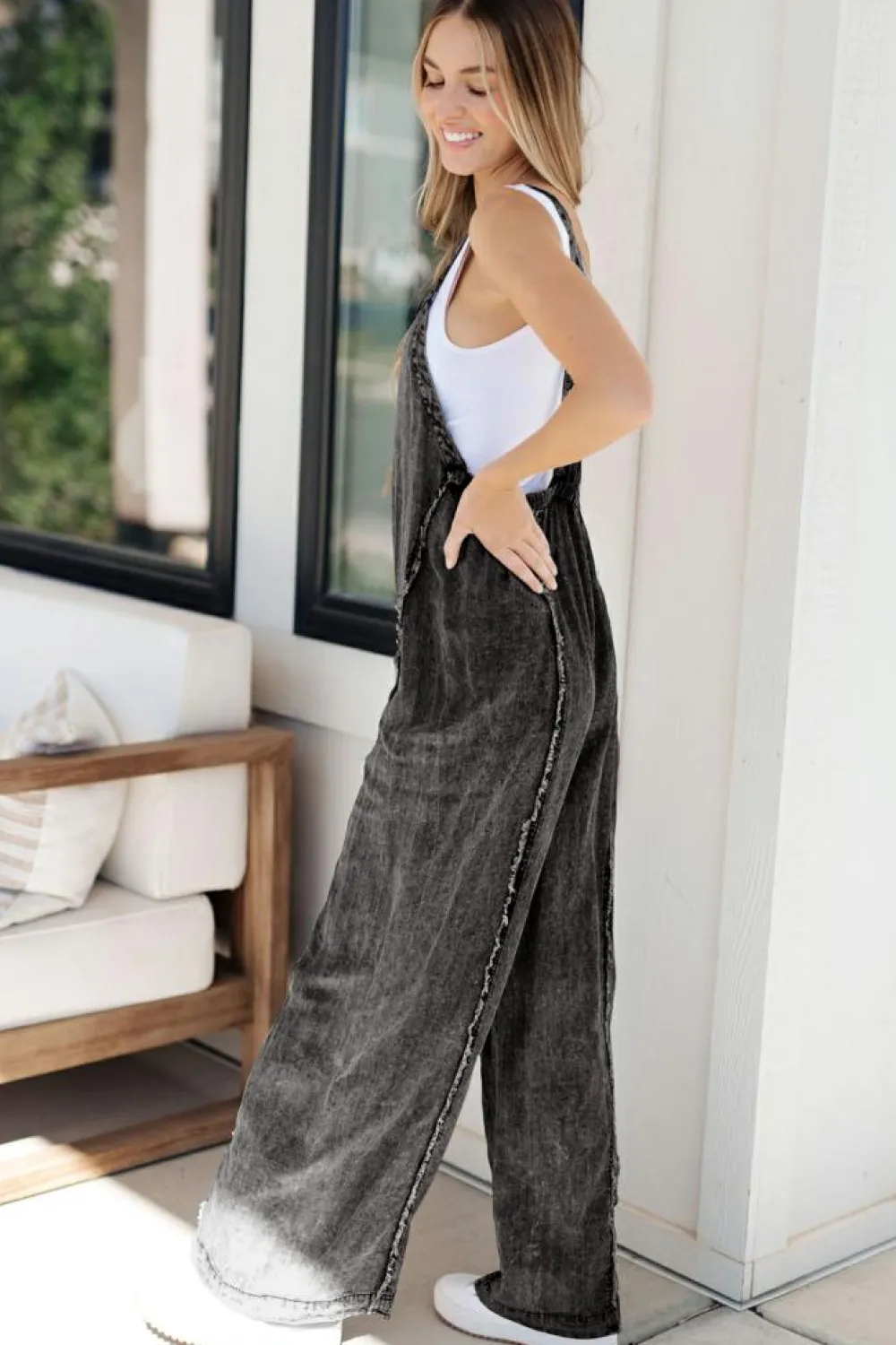 New Dear-Lover Light Wash Frayed Exposed Seam Wide Leg Denim Overall Dark Grey