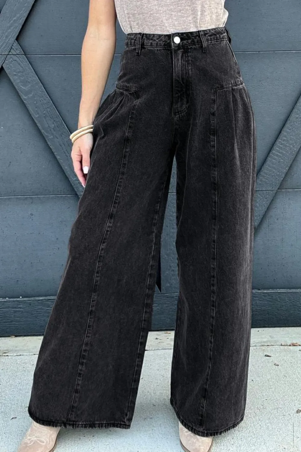 Outlet Dear-Lover Pleated Wide Leg Mineral Wash Denim Pants Dark Grey