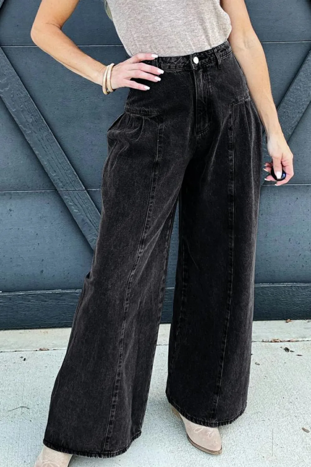 Outlet Dear-Lover Pleated Wide Leg Mineral Wash Denim Pants Dark Grey