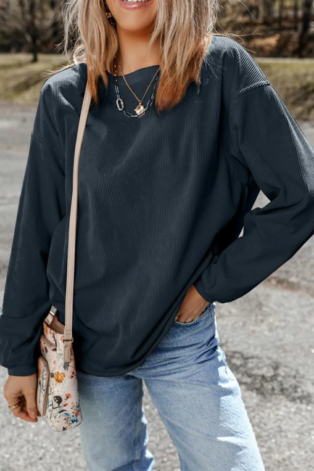 Online Dear-Lover Ribbed Corduroy Oversized Sweatshirt Dark Grey