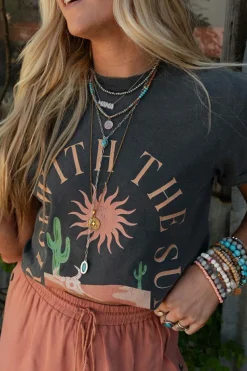 Fashion Dear-Lover RISE WITH THE SUN Western Fashion Graphic Tee Dark Grey