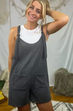 Clearance Dear-Lover Striped Print Knotted Straps Pocketed Romper Dark Grey