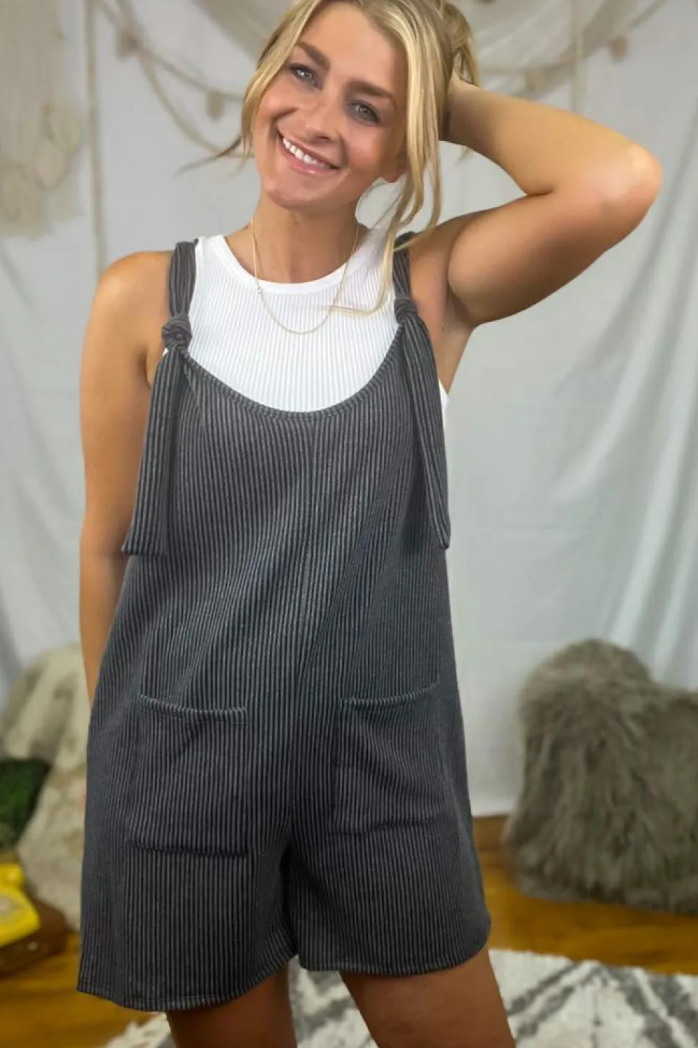 Clearance Dear-Lover Striped Print Knotted Straps Pocketed Romper Dark Grey