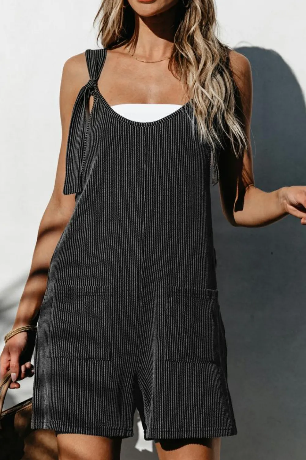 Clearance Dear-Lover Striped Print Knotted Straps Pocketed Romper Dark Grey