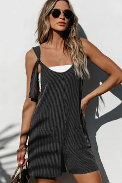 Clearance Dear-Lover Striped Print Knotted Straps Pocketed Romper Dark Grey