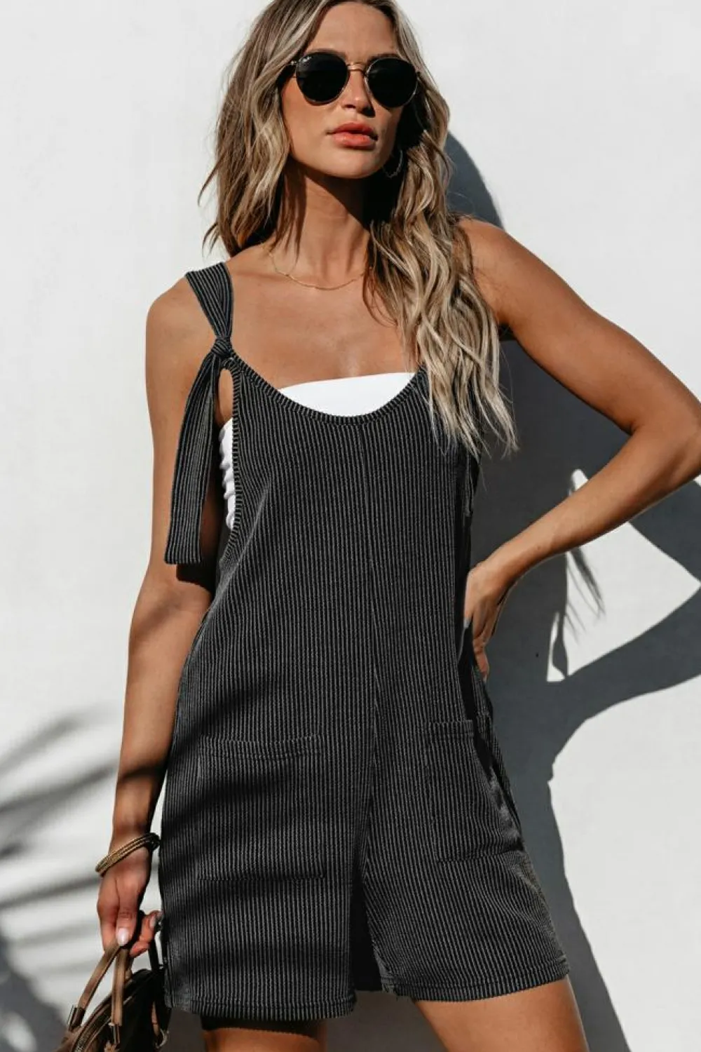 Clearance Dear-Lover Striped Print Knotted Straps Pocketed Romper Dark Grey