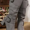 Outlet Dear-Lover Suede Double Buckled Side Zipped Mid-calf Boots Dark Grey