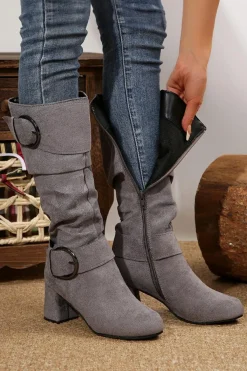 Outlet Dear-Lover Suede Double Buckled Side Zipped Mid-calf Boots Dark Grey