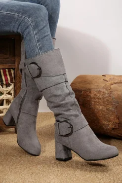 Outlet Dear-Lover Suede Double Buckled Side Zipped Mid-calf Boots Dark Grey