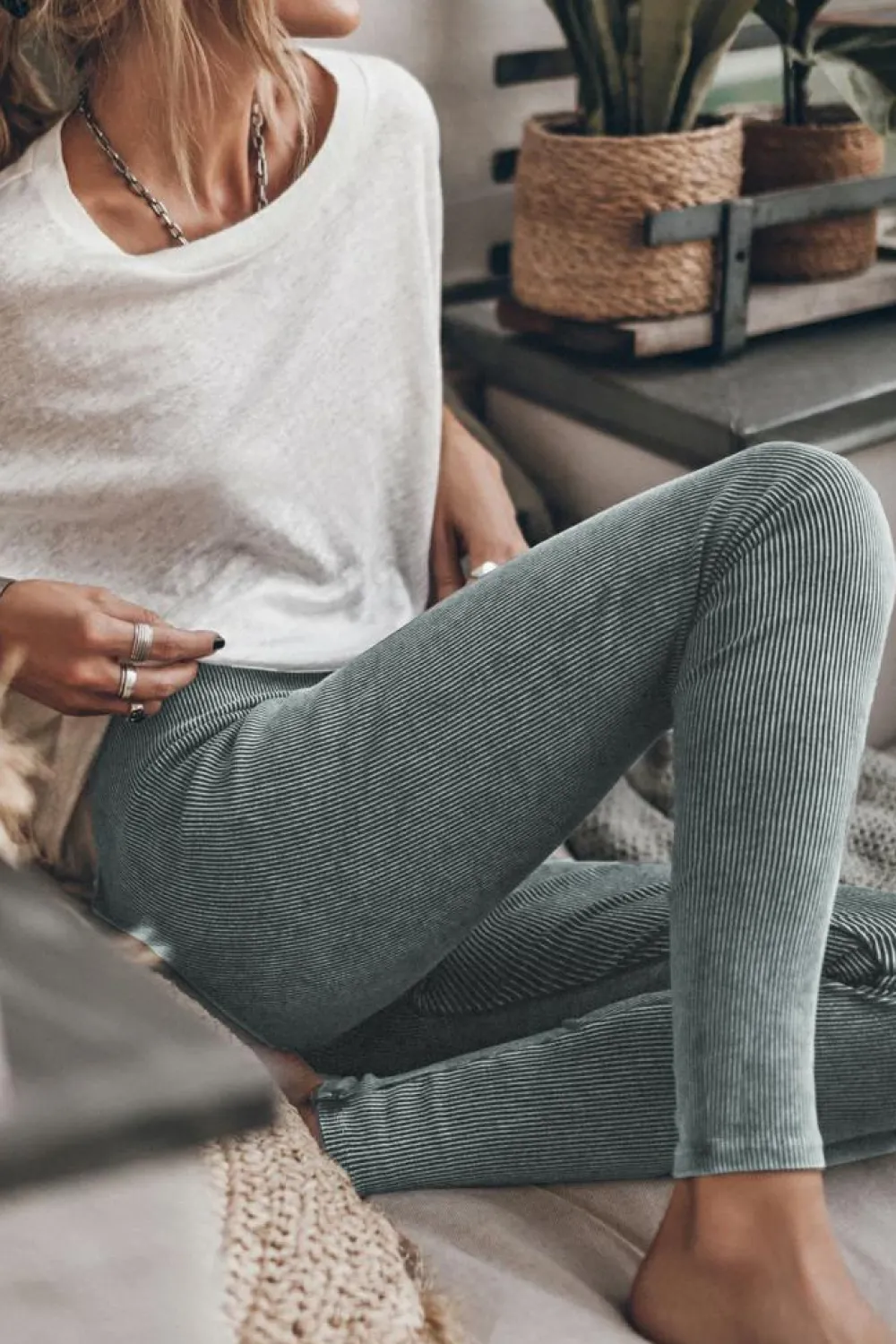 Discount Dear-Lover Vintage Wash Ribbed Leggings Dark Grey
