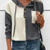 Online Dear-Lover Waffle Colorblock Buttons Placket Drop Shoulder Drawstring Hoodie Dark Grey