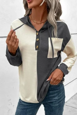 Online Dear-Lover Waffle Colorblock Buttons Placket Drop Shoulder Drawstring Hoodie Dark Grey