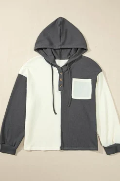 Online Dear-Lover Waffle Colorblock Buttons Placket Drop Shoulder Drawstring Hoodie Dark Grey
