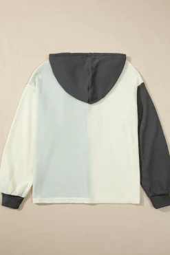 Online Dear-Lover Waffle Colorblock Buttons Placket Drop Shoulder Drawstring Hoodie Dark Grey