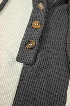 Online Dear-Lover Waffle Colorblock Buttons Placket Drop Shoulder Drawstring Hoodie Dark Grey