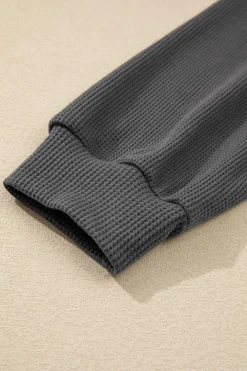 Online Dear-Lover Waffle Colorblock Buttons Placket Drop Shoulder Drawstring Hoodie Dark Grey