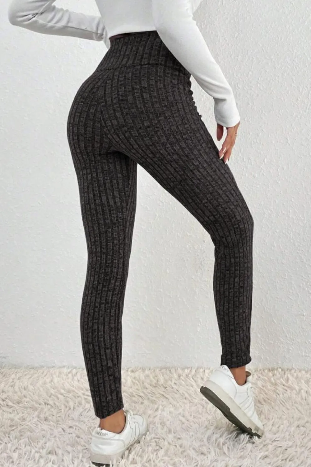 Fashion Dear-Lover Wide Waistband Ribbed Textured Knit Leggings Dark Grey